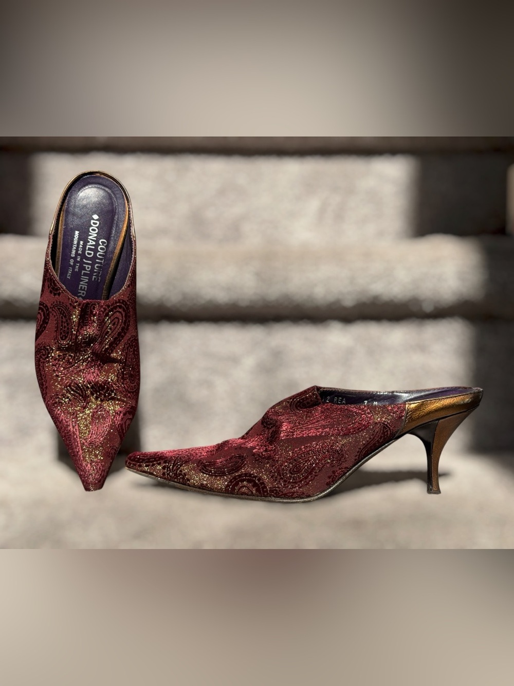 Donald J Pliner Couture Paisley Brocade Pointed Toe Kitten Heel Mules Y2K Glam